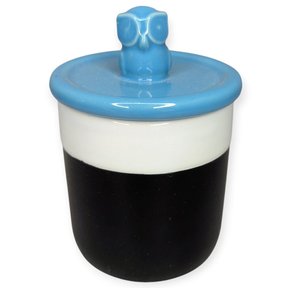 Ceramic Black & White Jar with Blue Owl Lid with Seal 5" Tall